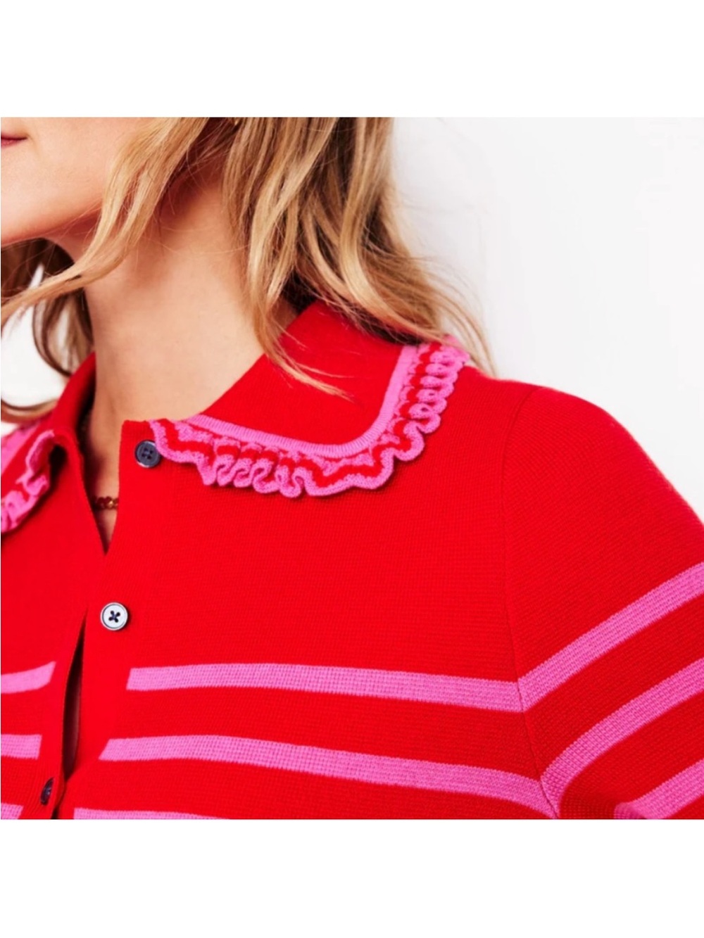 BODEN Jessie striped ruffled frill collared cardigan pink red size Small - Picture 6 of 12